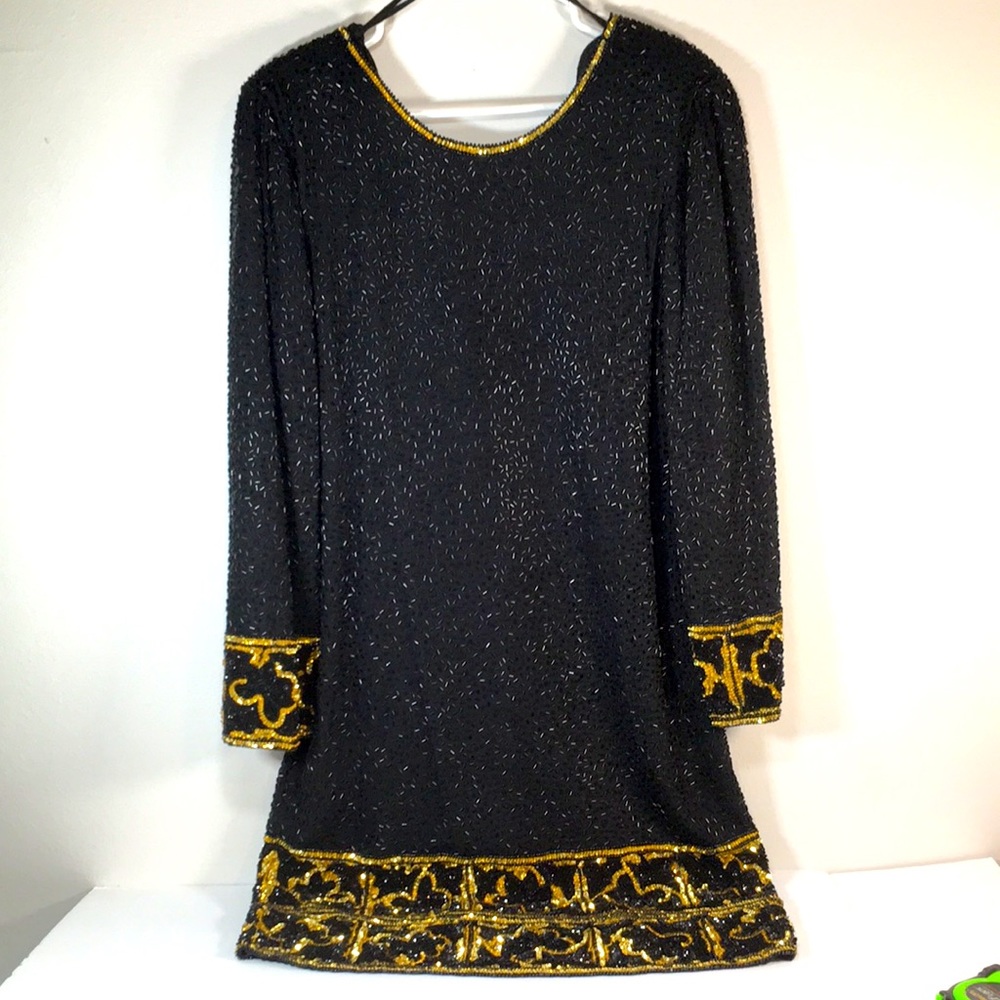 Hand beaded black and gold evening dress | Approximately Size 8 | 2lbs, Quality